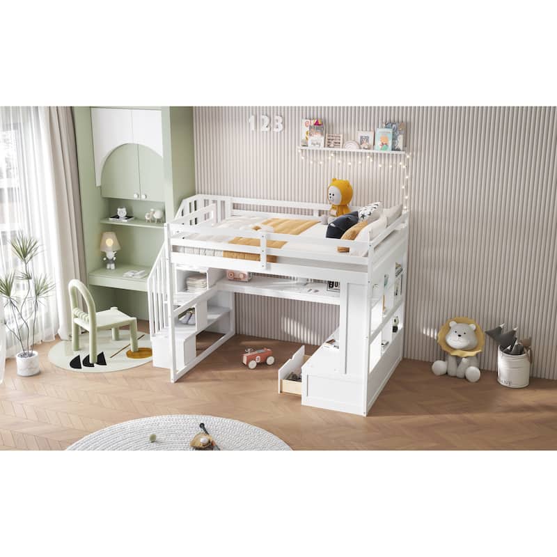 Roomfitters Full Loft Bed with Desk, Open Shelves, Two Drawers and Storage Staircase