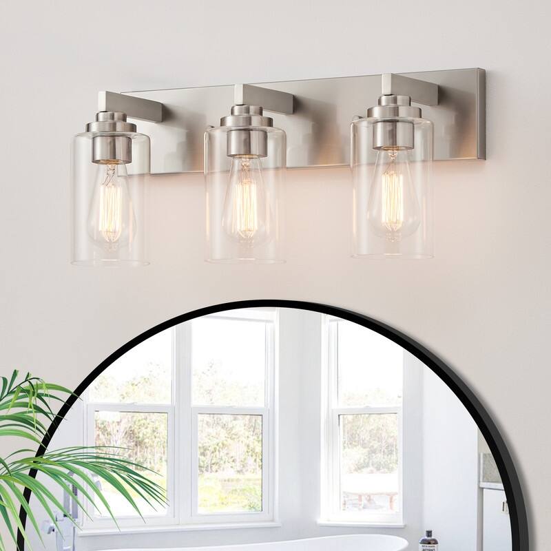 KAWOTI 3-Light Bathroom Vanity Light with Clear Glass Shade - Brushed Nickel