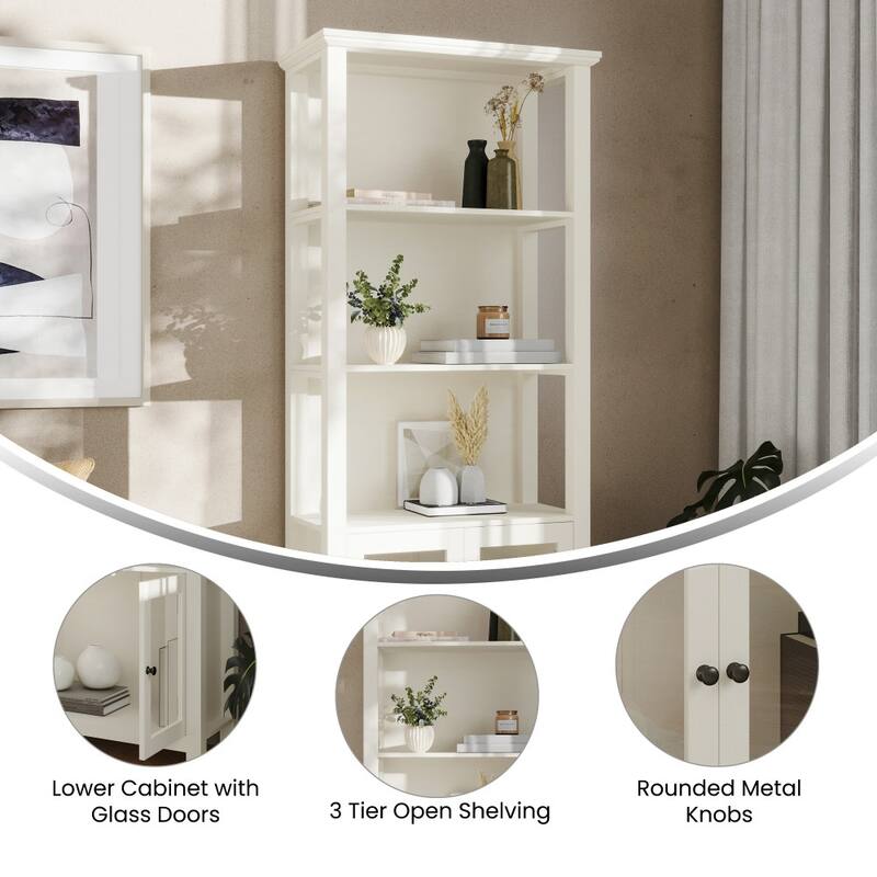 3 Tier Farmhouse Style Storage Cabinet Bookshelf with Glass Doors