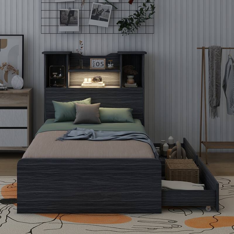 Platform Bed Frame with 4 Open Storage Shelves and 2 Storage Drawers