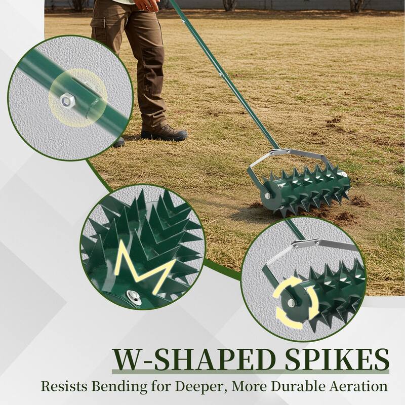 Green Lawn Aerator with Heavy-Duty Galvanized Steel Drum and Double Spikes and Rubber Handle - (17.3 x 6.7 x 59.8) in