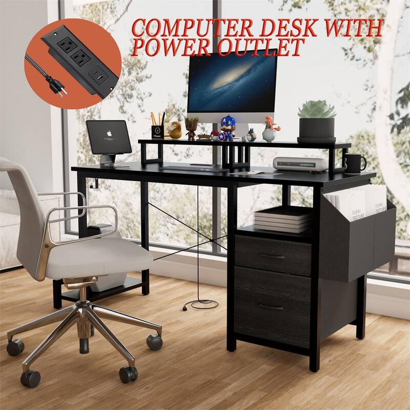 47.3" Computer Desk w/Power Outlet,Monitor Stands,Shelves,Office Desk