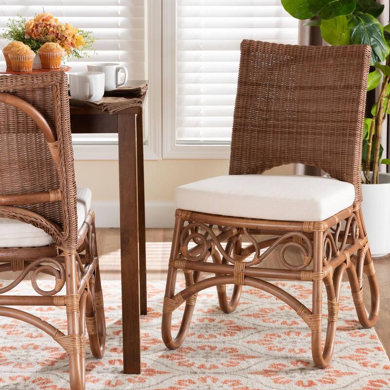 Rivan Natural Rattan Dining Chair - Handcrafted Wicker Accent Chair with Woven Back and Cushioned Seat, Boho Coastal Seating