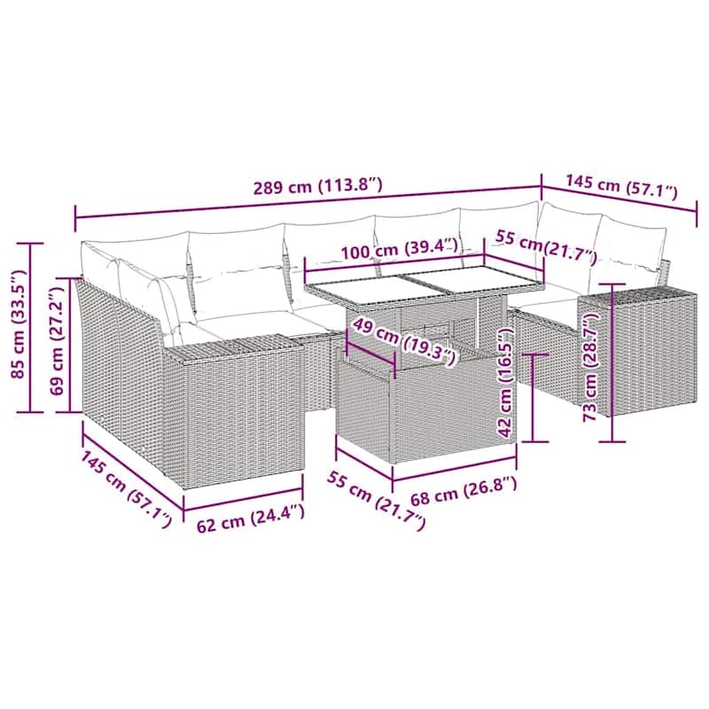 vidaXL Patio Sofa Set with Cushions Outdoor Furniture 8 Piece Poly Rattan - 24.4 x 24.4 x 27.2