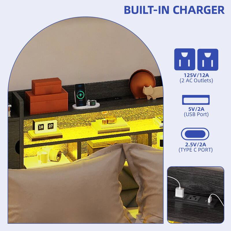 Velvet Upholstery Bed Frame With 4 Underbed Storage Drawer, LED Lights And Charging Station