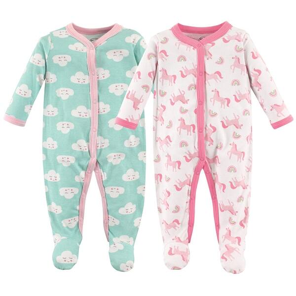 slide 1 of 1, Luvable Friends Baby Girl Cotton Snap Sleep and Play 2pk, Unicorns 0-3 Months - Unicorns