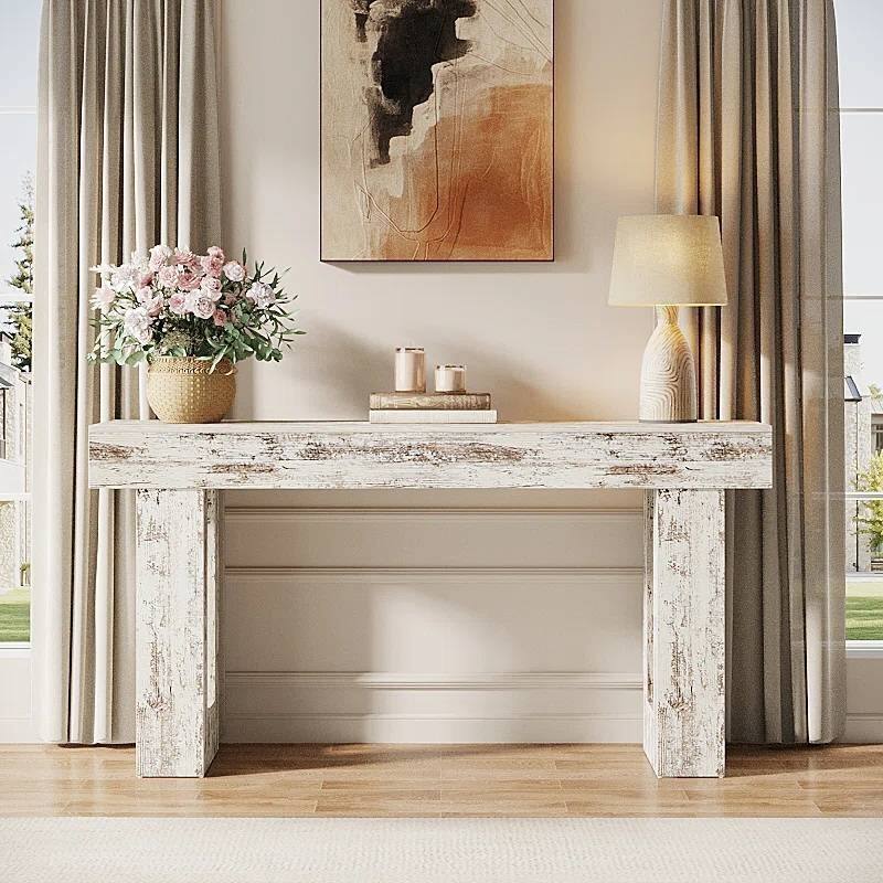 63 Inch Modern Rustic Entryway Console Table with Wood Finish and Legs for Hallway or Living Room - 63”L x 3.77”W x 33.46”H