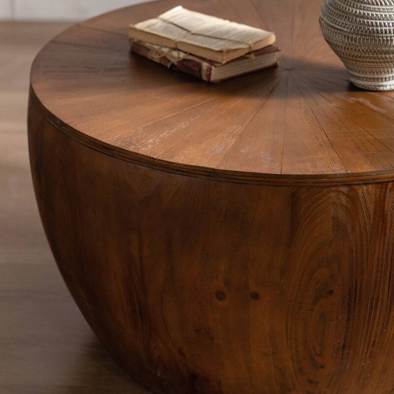 Vintage 31.50" Bucket Shaped Coffee Table with Hidden Storage, Solid Wood Center Table for Office, Living Room