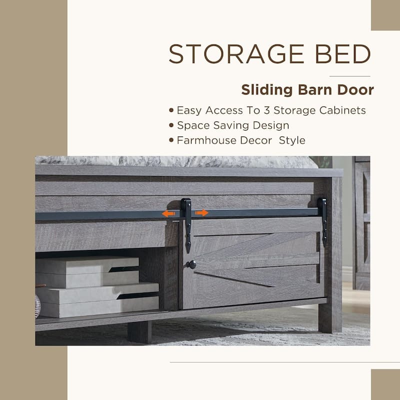 Farmhouse King Size Wood Bed Frame with Sliding Barn Door Storage