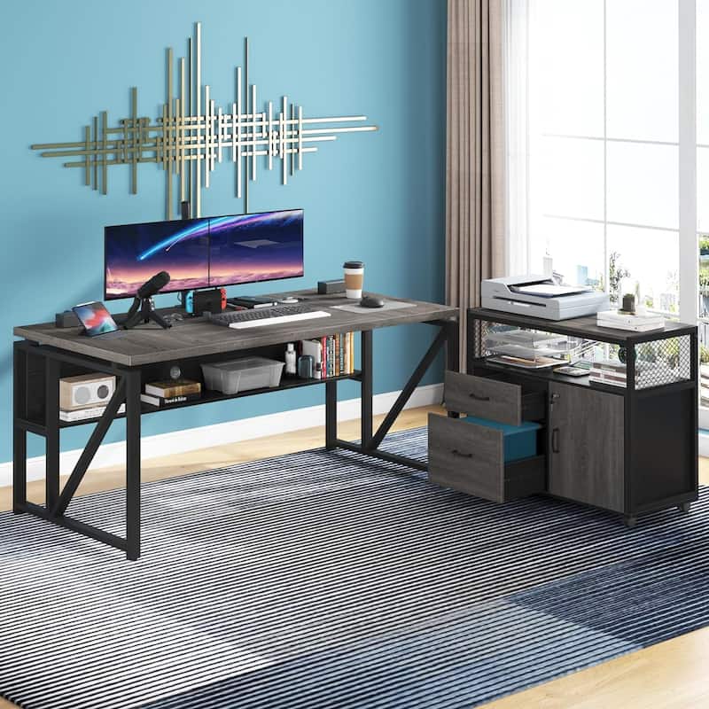 L Shaped Desk with Drawer, Executive Desk and lateral File Cabinet, 2 Piece Home Office Furniture - 63 inches - Gery&Black