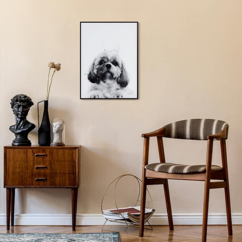 "Shih-Tzu" Black and White Pet Paintings on Printed Glass Encased with a Black Anodized Frame