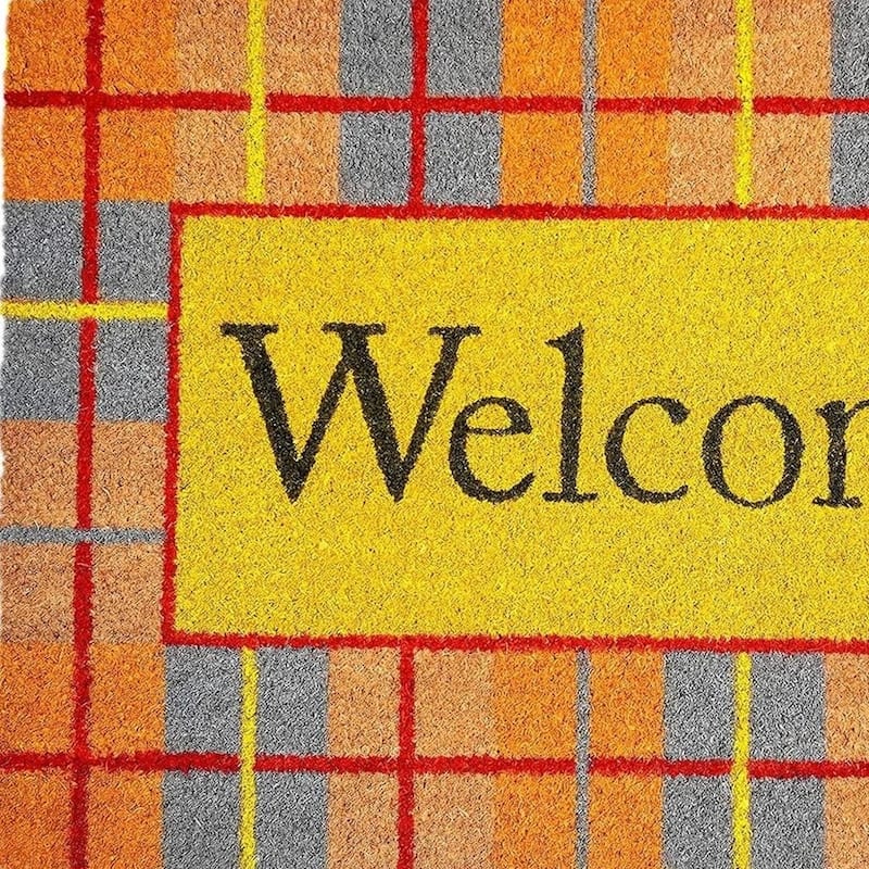 HomeRoots 17" X 29" Gray Natural Orange And Yellow Fall Plaid Welcome Outdoor Coir Door Mat - 17.00' X '29.00