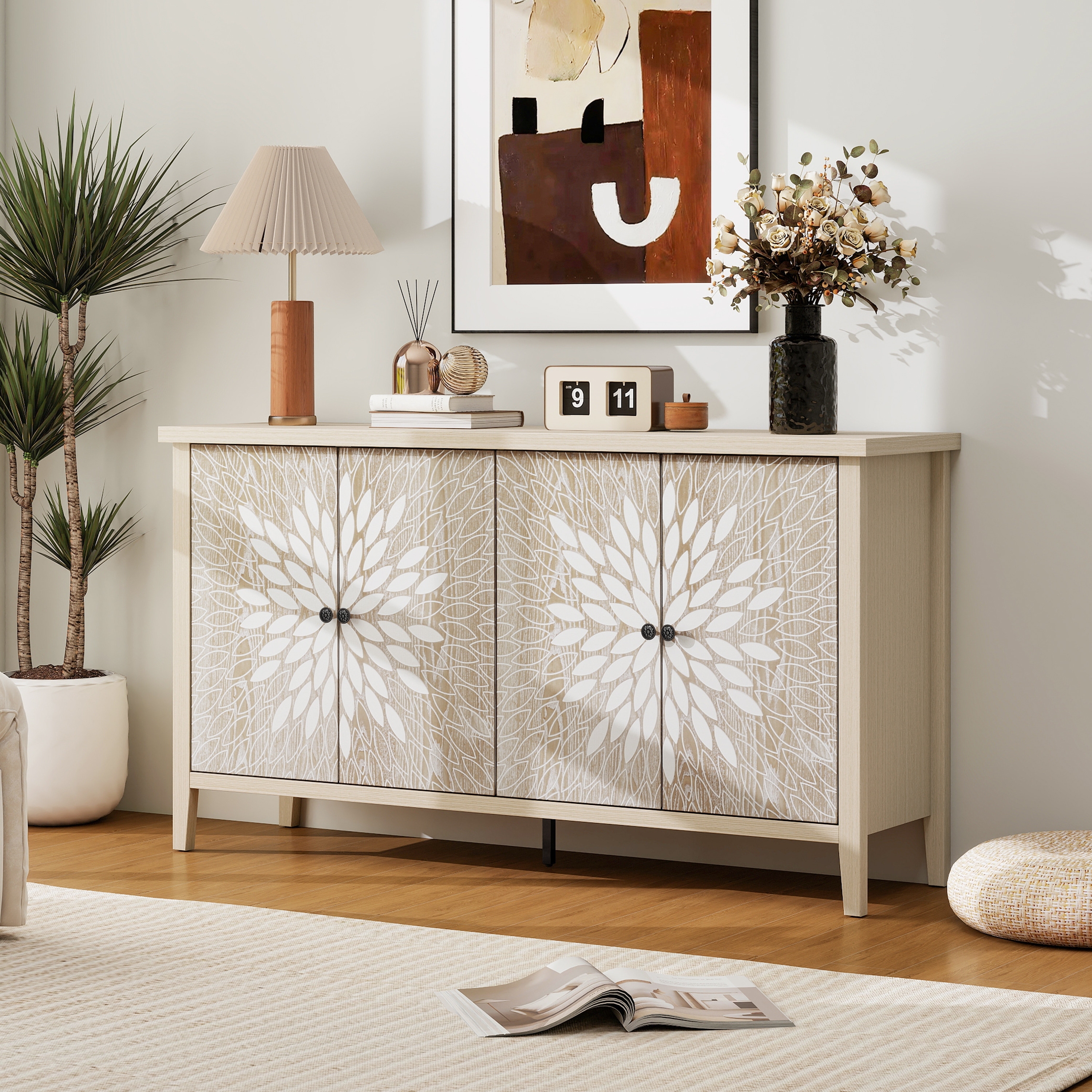Floral Pattern Accent Sideboard Storage Cabinet Wood Console Table