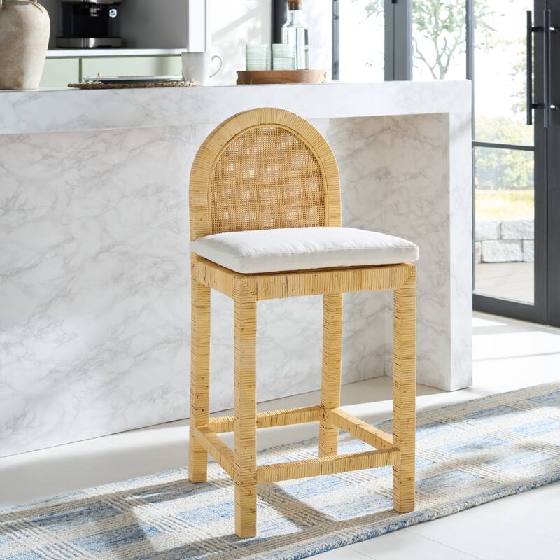 SAFAVIEH Home Tojo Cane Rounded Back Counter Stool - 20"W x 18"D x 37"H - Natural/White