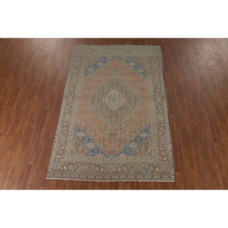 Geometric Tabriz Vintage Persian Rug Hand-Knotted Wool Carpet - 6'4" x 9'8"