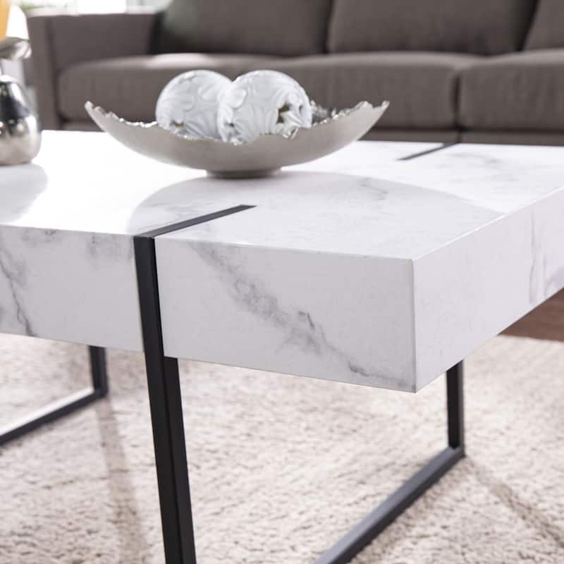 Modern 43" White and Black Faux Marble Coffee Table with Metal Base - 43.25” x 23.75” x 17”