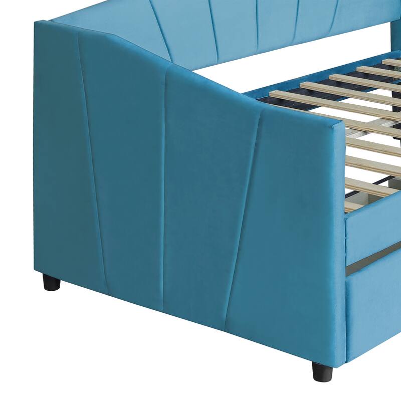 Twin Size Upholstered Daybed with Storage Drawers, Wooden Tufted Sofa Bed Frame with 2 Drawers Underneath & Wood Slat Support