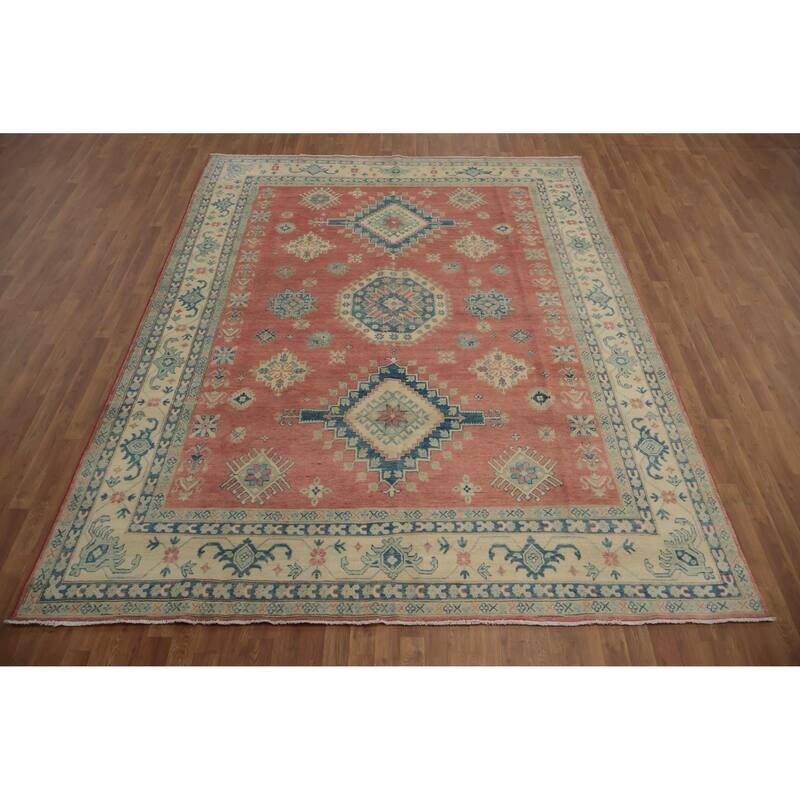 Hand Knotted Oriental 100% Wool Carpet Traditional Geometric Pink Kazak Area Rug - 10' 11'' X 8' 4''