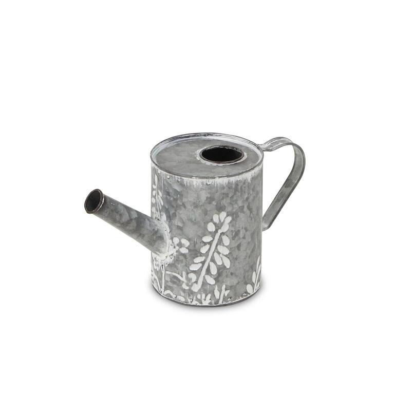 HomeRoots 6" Gray And White Galvanized Metal Flowers Hand Painted Decorative Watering Can - 10.50 in. x 6.00 in. x 4.75 in.