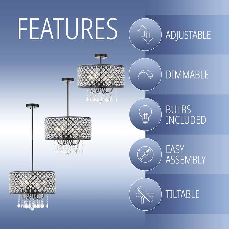 Avah Metal/Crystal Adjustable LED Drop Chandelier, Black/Clear by JONATHAN Y