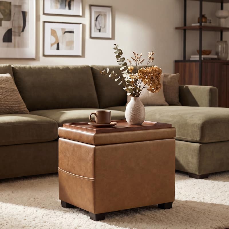 Adeco 16" W Upholstered Rectangle Storage Ottoman with Tray and Pocket