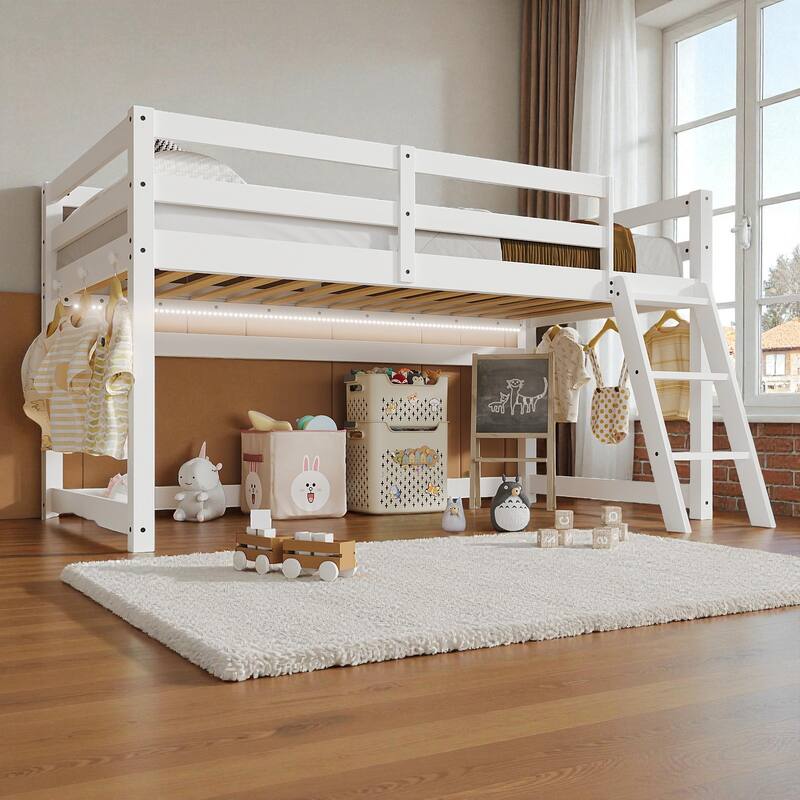Kids Twin Convertible Low Loft Bed to Bunk Bed, Solid Wood Modern Frame with LED Strip Lighting and Storage Hooks