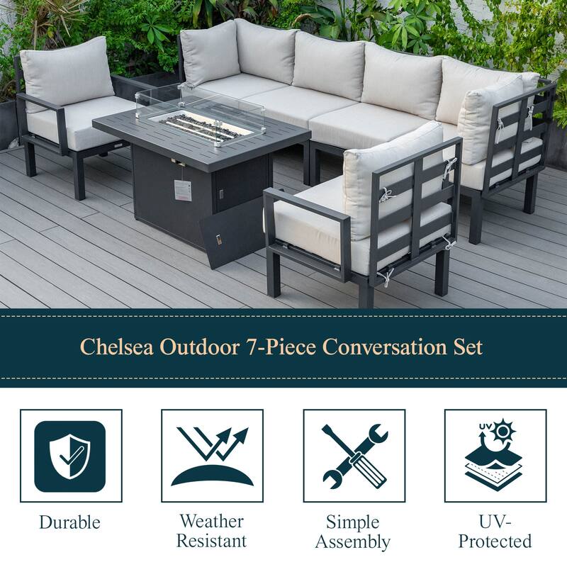 Chelsea 7-Piece Outdoor Patio Sectional Set with Firepit Table in Black Aluminum for Backyard Garden and Patio Deck