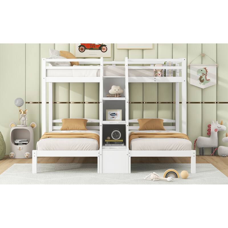 Roomfitters Twin Over Twin and Twin Triple Bunk Bed with Storage Staircase and Drawer, White