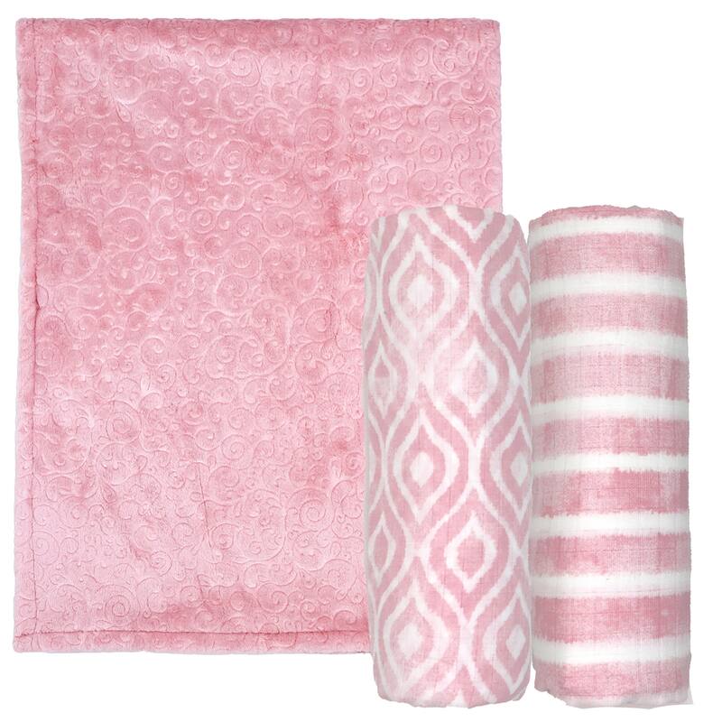 Baby Boys and Baby Girls 3 Piece Blanket Gift Set - Pink/White