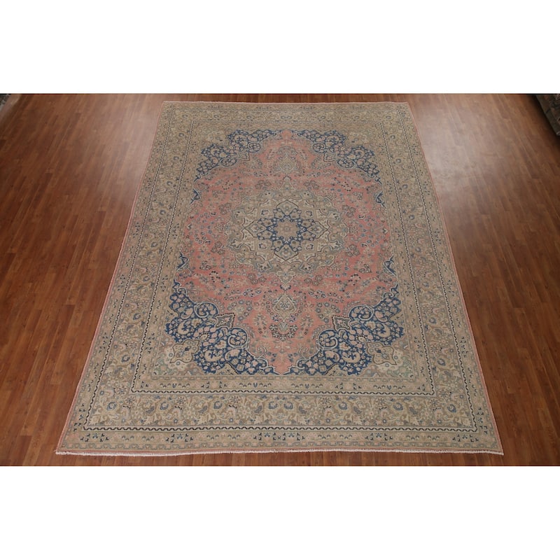 Traditional Mashad Persian Vintage Area Rug Handmade Wool Carpet - 9'5" x 12'5"