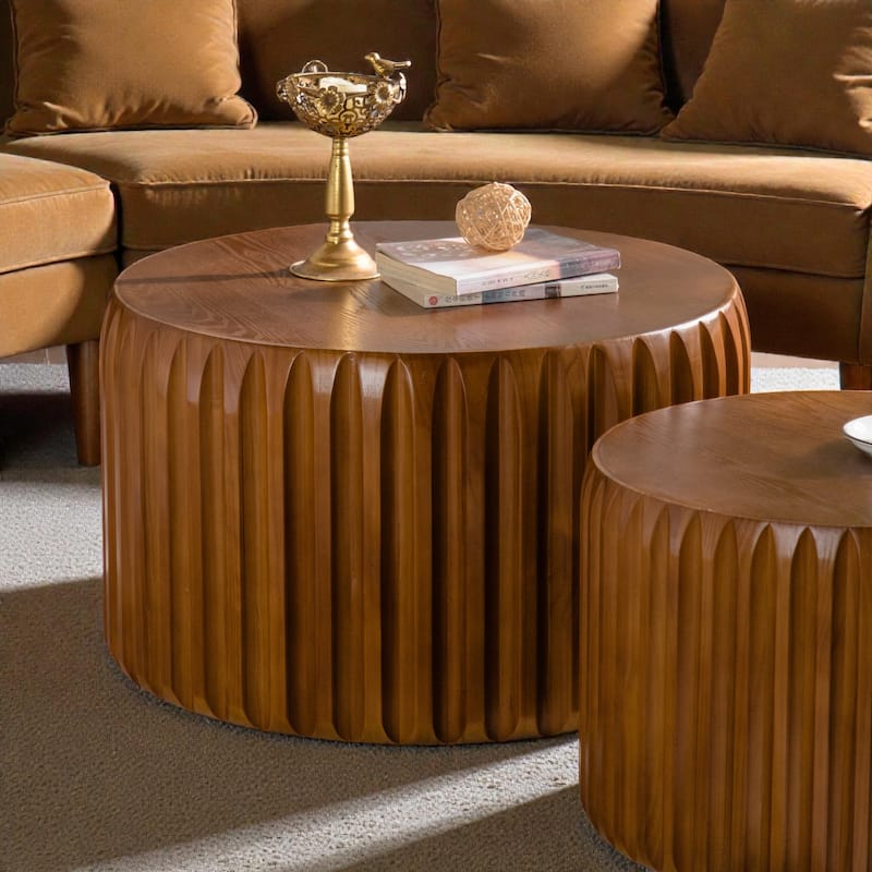 Set of 2 Fluted Round Coffee Tables, Mid-Century Modern Nesting Wood Center Tables, Solid Wood and MDF