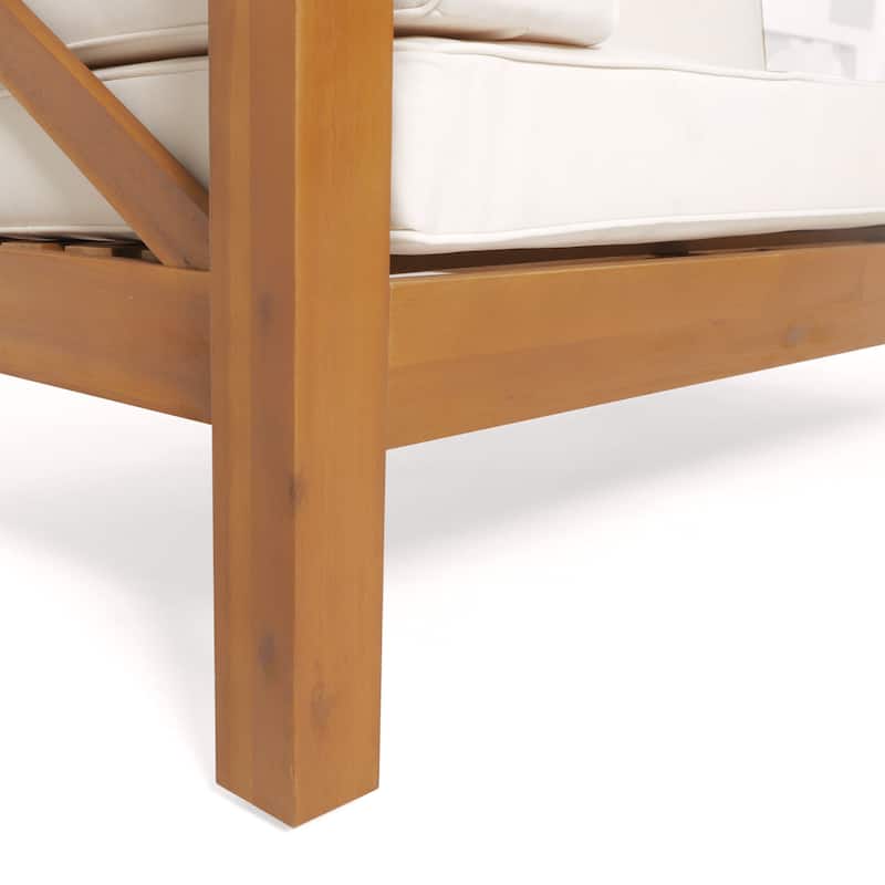 Roomfitters X-Back Corner Bench with Coffee Table, Outdoor Wooden Patio Sofa with Cushions for Garden or Porch