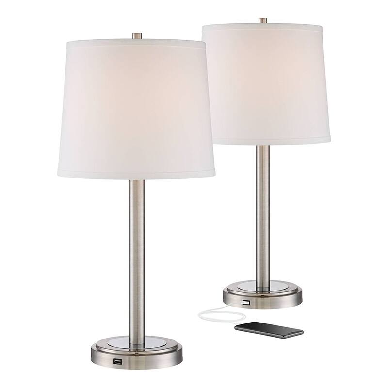 Set of 2 Modern Table Lamps with USB Brushed Steel Off White - 12" x 25"