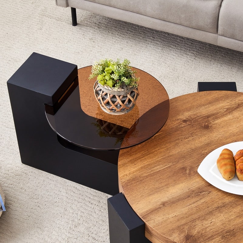 Modern Detachable Round Coffee Table - Double-Layer Brown Glass Top & Black L-Shaped Legs