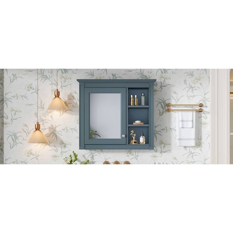 Roomfitters 30x28 Inch Medicine Cabinet, Wall Mounted Mirror Cabinet with 3 Open Shelves & Adjustable Interior Storage, Blue