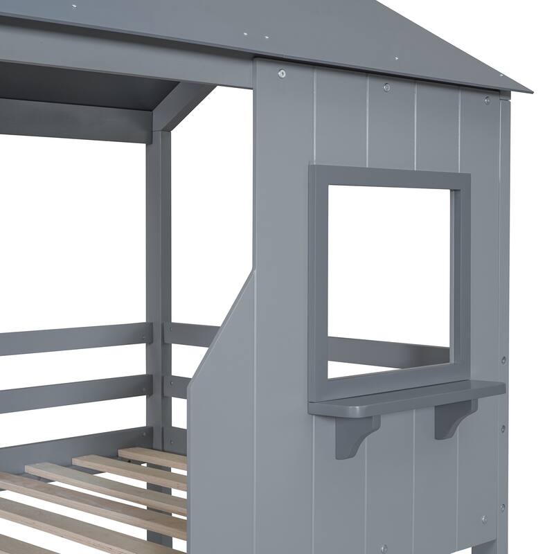 Merax Twin Over Twin House Bunk Bed with Guardrail & Ladder