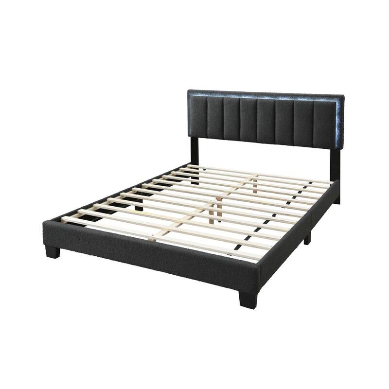 Zemo Queen Size Bed, LED Headboard, Charcoal Gray Wool Upholstery