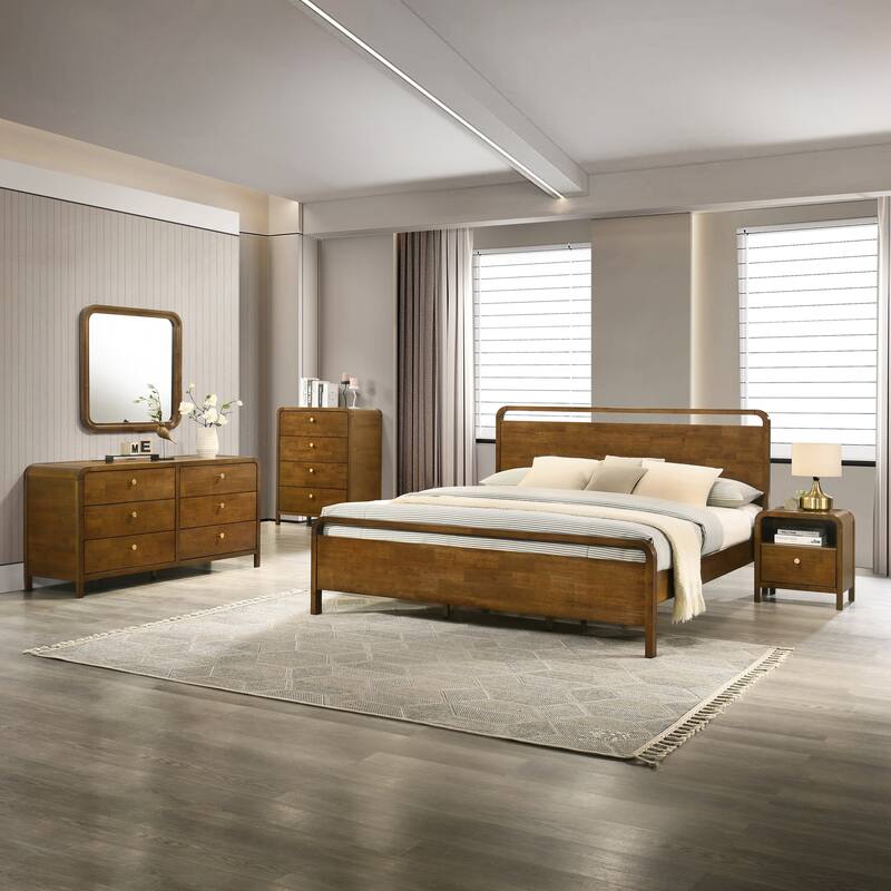 Roundhill Furniture Eldren Wood Bedroom Set, Platform Bed with Dresser, Mirror, Nightstand, Chest in Walnut Finish - King