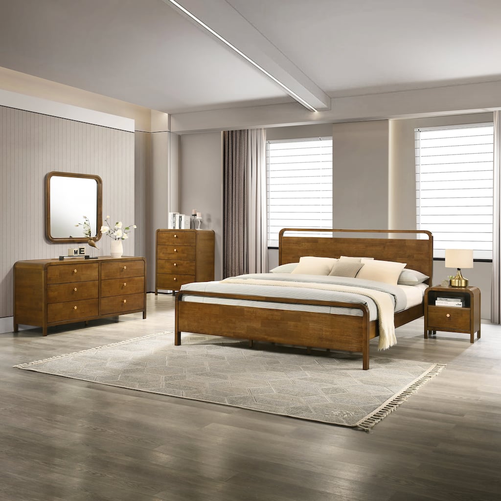 Roundhill Furniture Eldren Wood Bedroom Set, Platform Bed with Dresser, Mirror, Nightstand, Chest in Walnut Finish