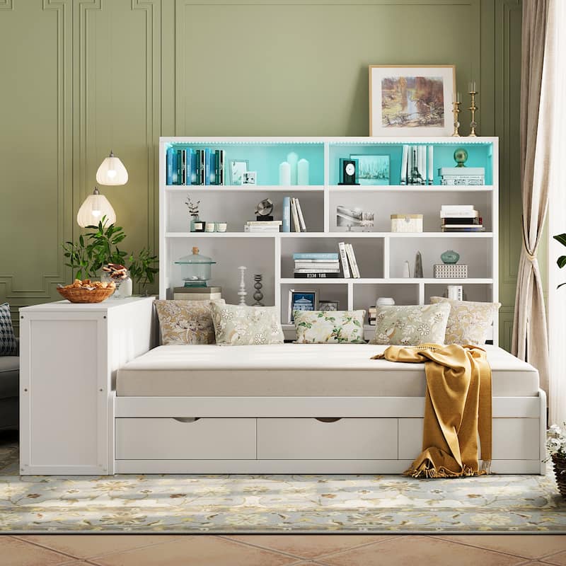 Modern Full Size Wooden Daybed with Built-In Desk, 3 Storage Drawers & Open Compartment Shelving by Harper&Bright Designs