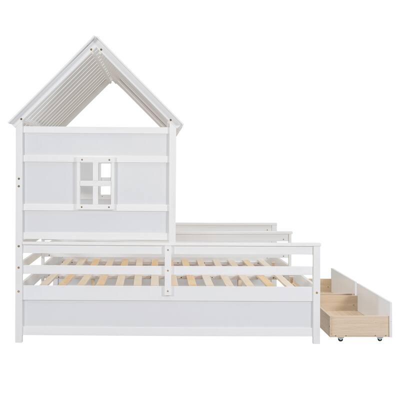 Twin Size House Platform Beds with Two Drawers for Boy and Girl Shared Beds, Combination of 2 Side by Side Beds, Gray