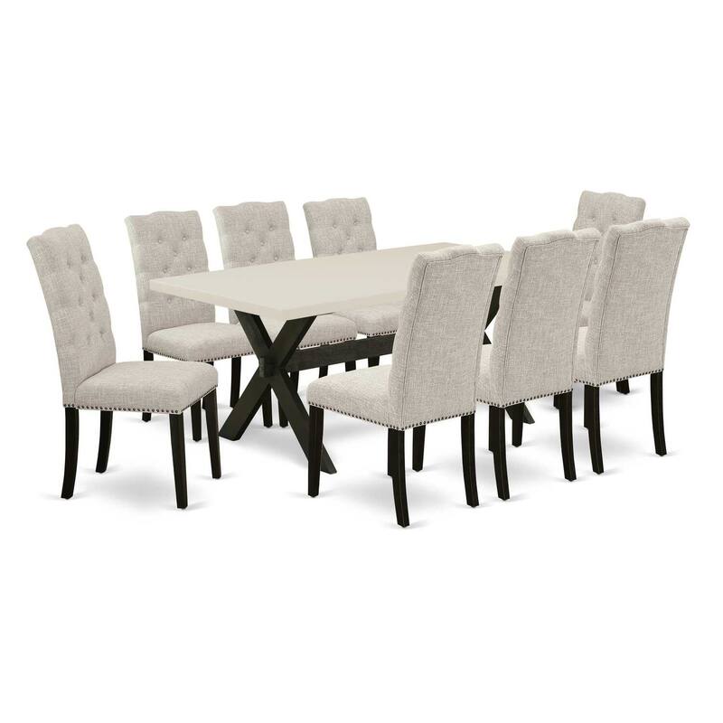 Modern 9-Piece Dining Set - Rectangular Table with 8 Parson Chairs - Linen White & Black Finish