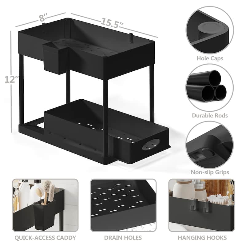 Empyrean 2 Tier Under Kitchen Sink Organizer with Sliding Drawer-Bathroom Cabinet Organizer with Utility Hooks and Side Caddy
