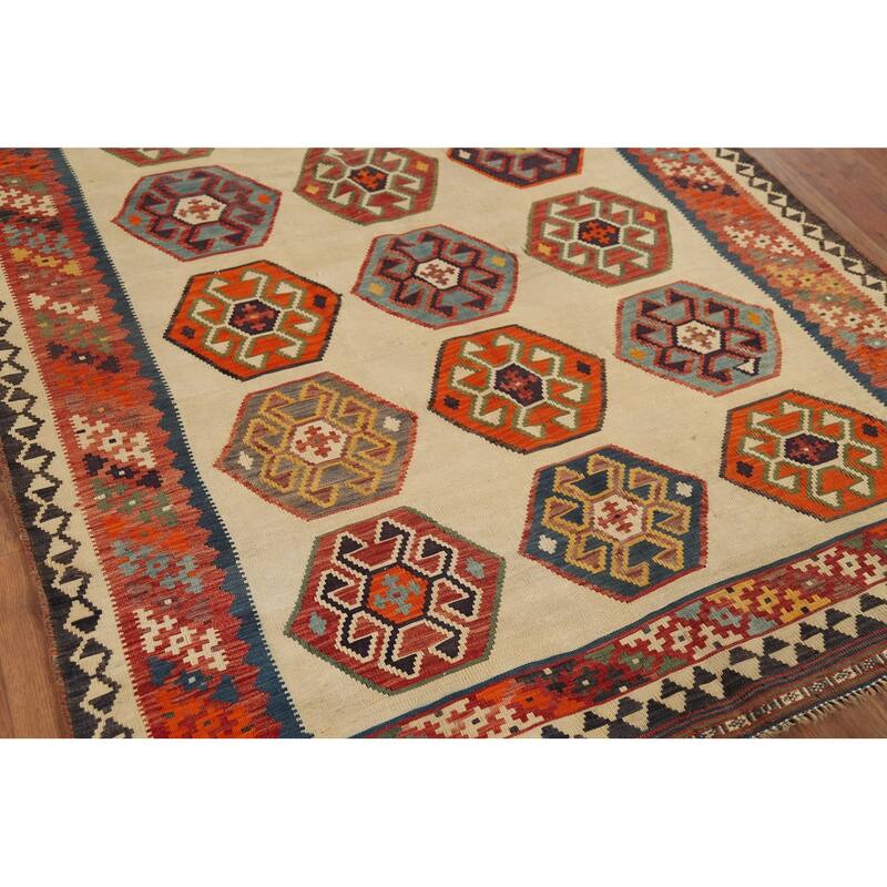 Kilim Qashqai Persian Vintage Rug Orientak Beige Wool Carpet - 5'1"x 8'3"