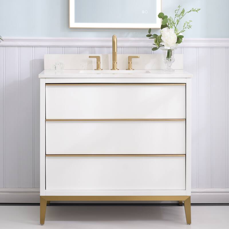 36"/48"/60" W Width Solid Wood Bathroom Vanity with Stain-resistant Carrera White Quartz Top and Sink