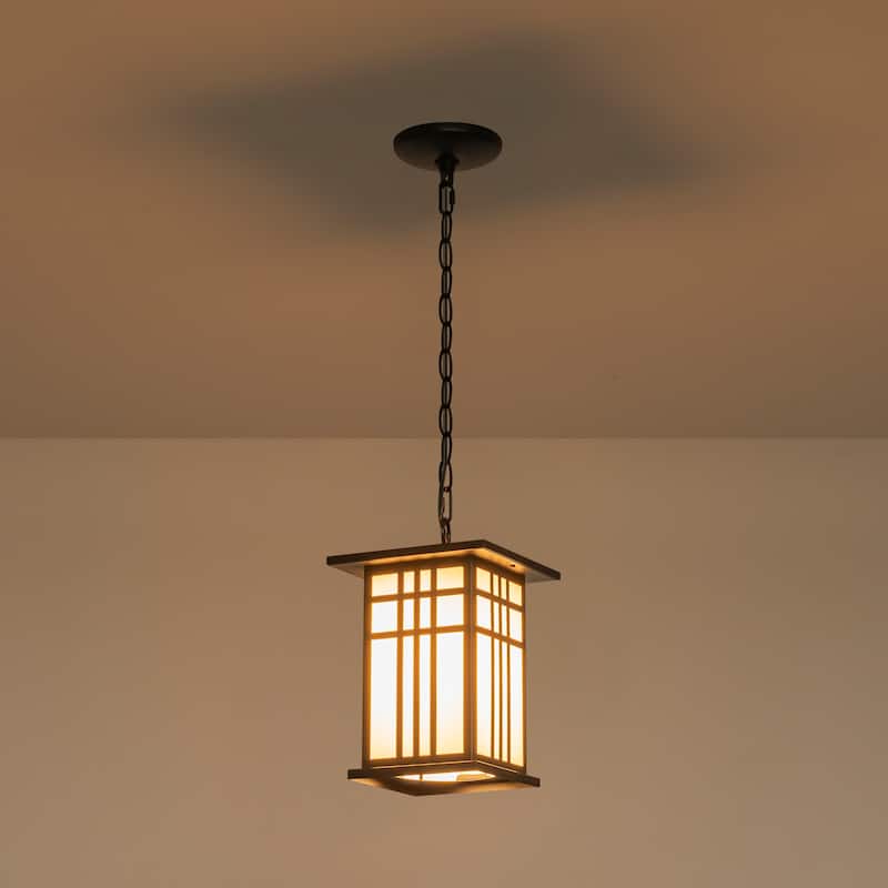 Black Outdoor Pendant Light with White Glass Porch Ceiling Fixture - Dia.7.48-in