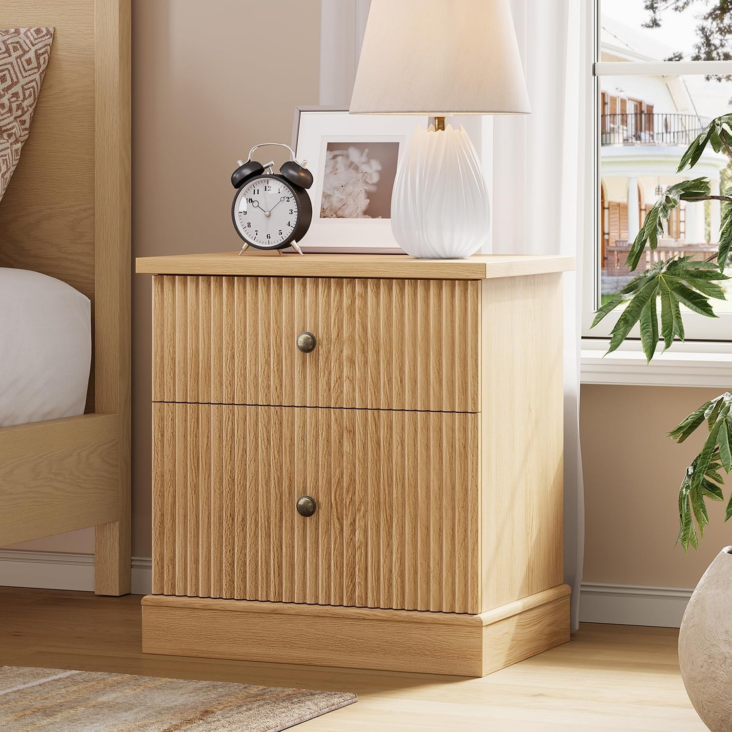 Fluted Nightstand with Drawers, Mid Century Modern Bedside Table