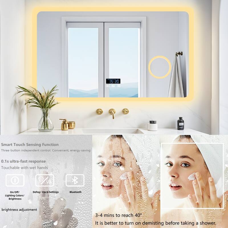 Bluetooth LED Bathroom Vanity Wall Mounted Mirror Double Speakers, 3X Magnifier, Backlit Mirror