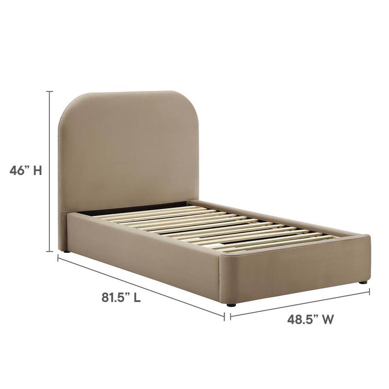 Hillsway Modern Curved Headboard Taupe Velvet Upholstered Twin Size Platform Bed