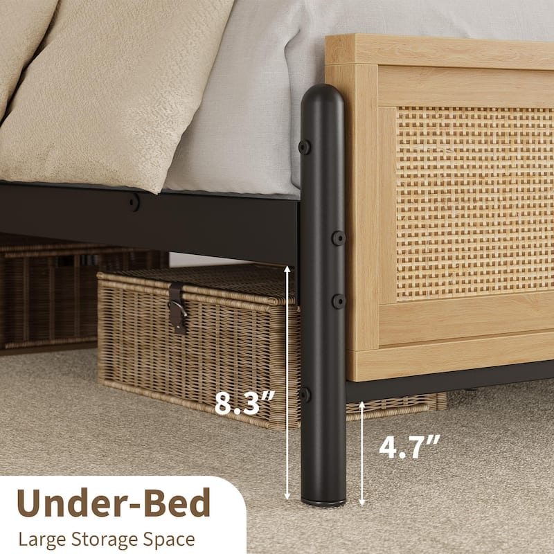 Boho Bed Frame with Natural Rattan Headboard and Footboard